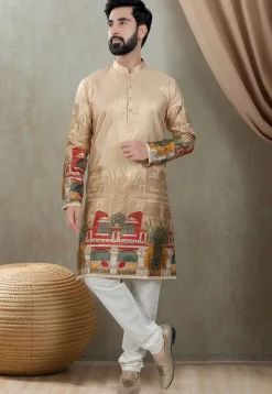 Digital Printed Art Silk Kurta Set in Beige