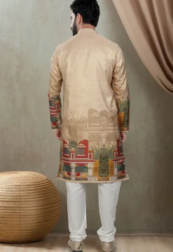 Digital Printed Art Silk Kurta Set in Beige