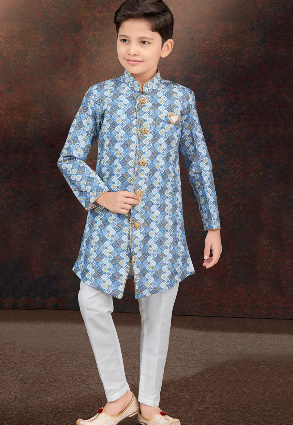 Digital Printed Art Silk Jacquard Sherwani in Blue and Off white