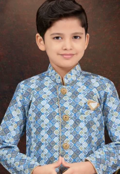 Digital Printed Art Silk Jacquard Sherwani in Blue and Off white