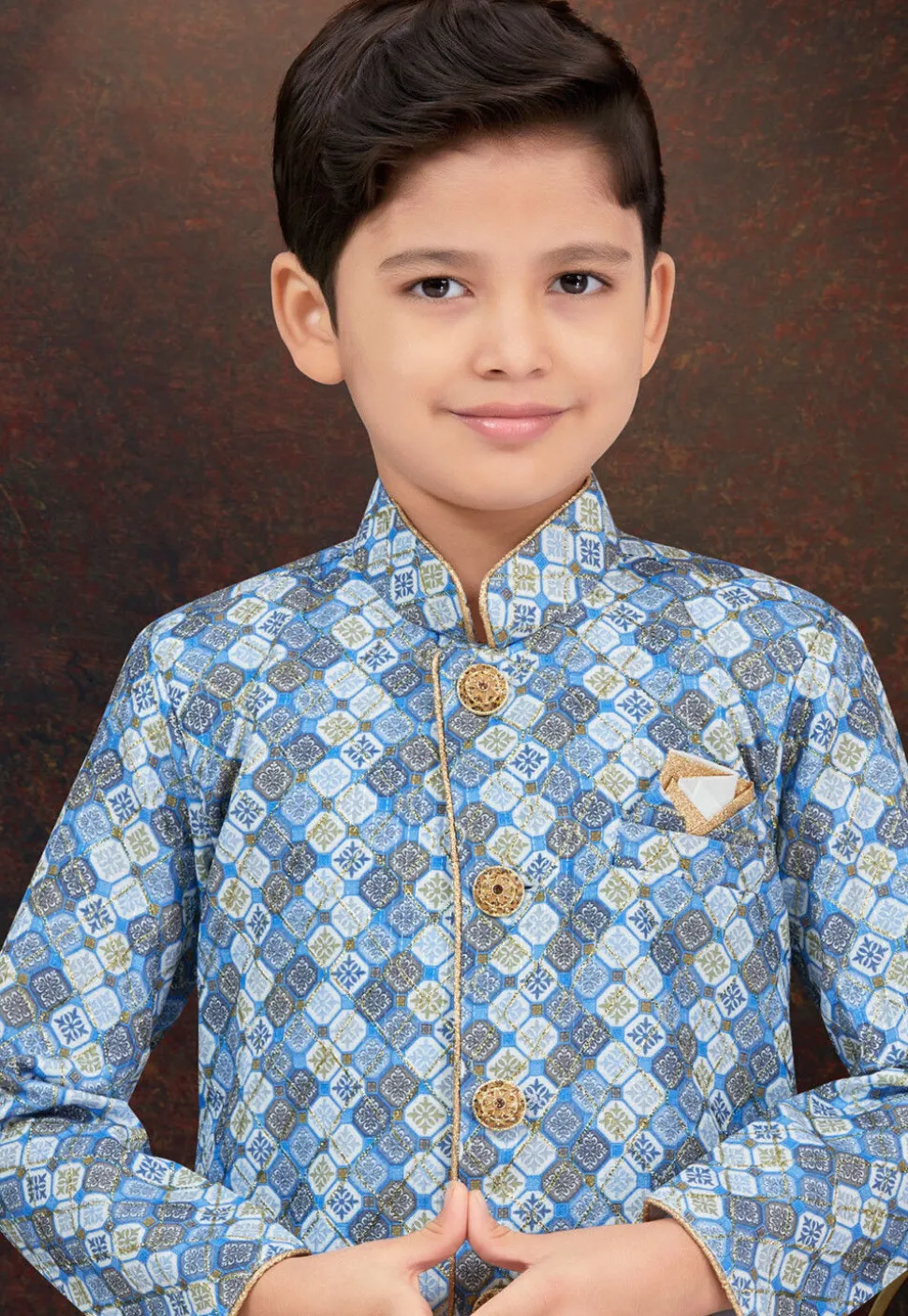 Digital Printed Art Silk Jacquard Sherwani in Blue and Off white