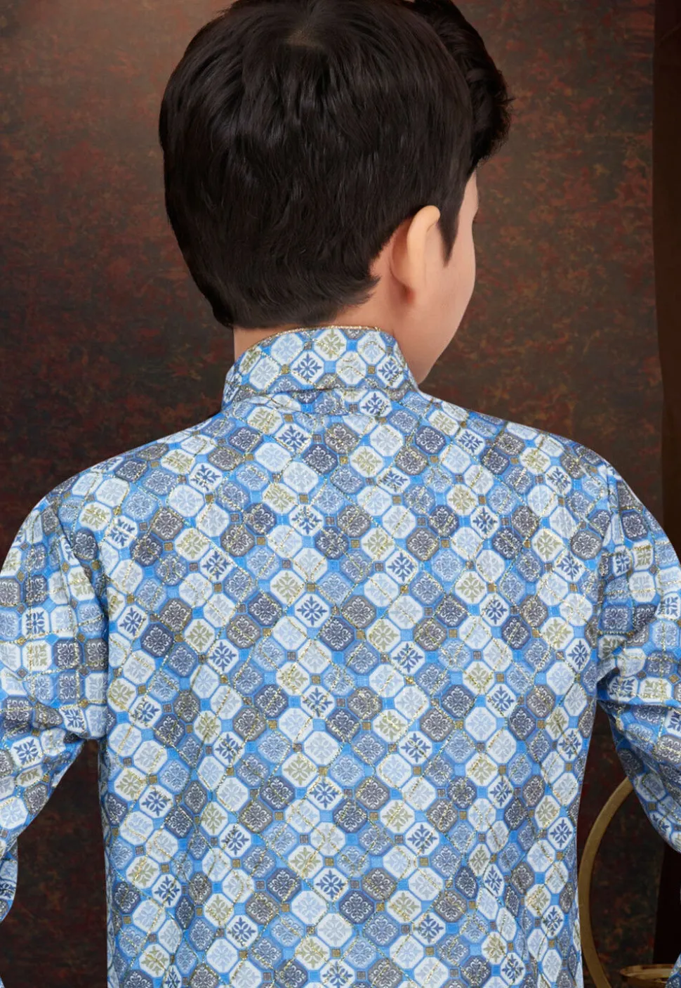 Digital Printed Art Silk Jacquard Sherwani in Blue and Off white