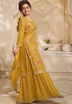 Digital Printed Art Silk Jacquard Pakistani Suit in Yellow