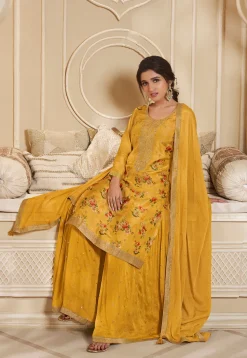 Digital Printed Art Silk Jacquard Pakistani Suit in Yellow