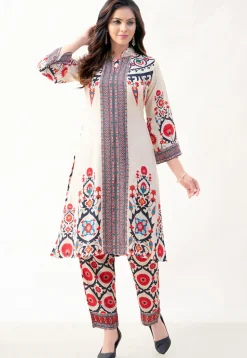 Digital Printed Art Silk A Line Kurta Set in Off White