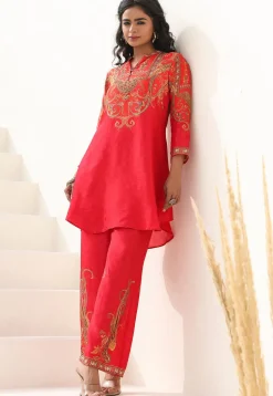 Digital Printed Art Silk A Line Kurta Set in Coral Pink