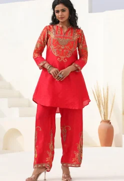 Digital Printed Art Silk A Line Kurta Set in Coral Pink