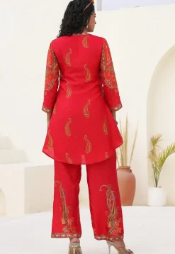 Digital Printed Art Silk A Line Kurta Set in Coral Pink