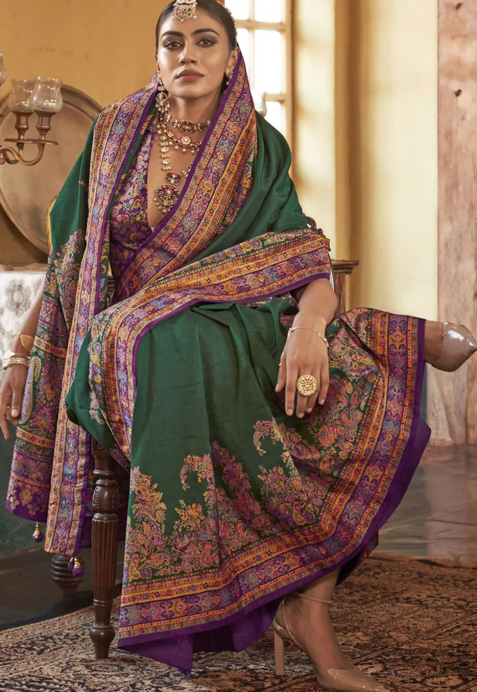 Digital Printed Art Silk Saree in Dark Green
