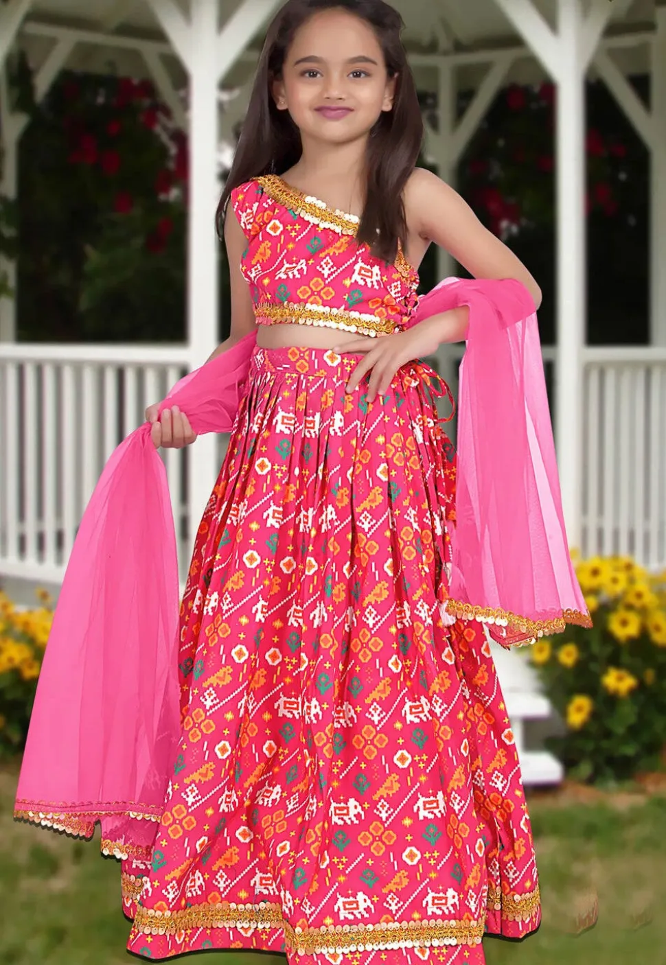 Digital Printed Art Silk Lehenga in Pink