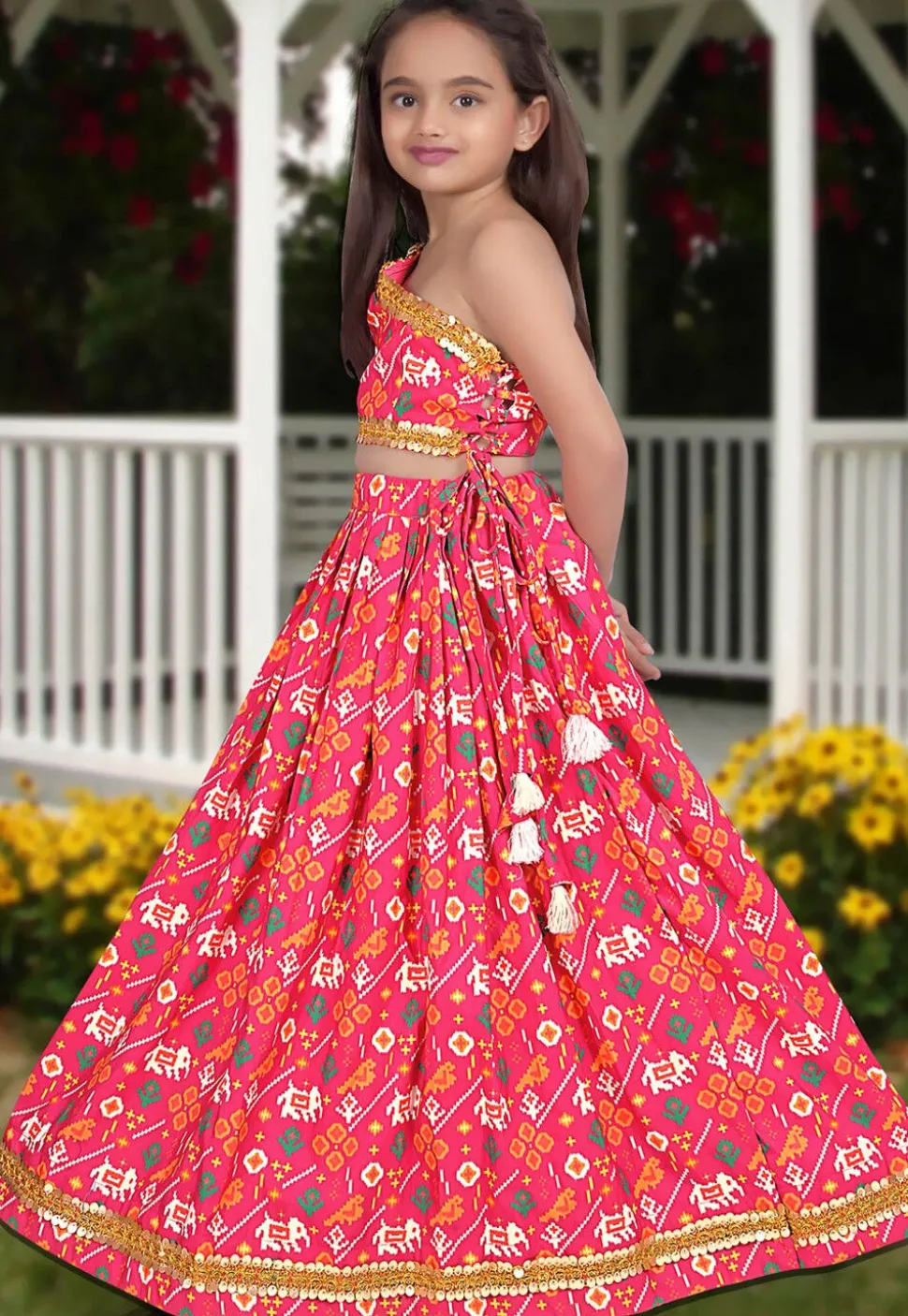 Digital Printed Art Silk Lehenga in Pink