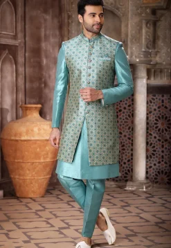 Digital Printed Art Silk Layered Sherwani in Sky Blue