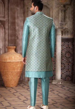 Digital Printed Art Silk Layered Sherwani in Sky Blue