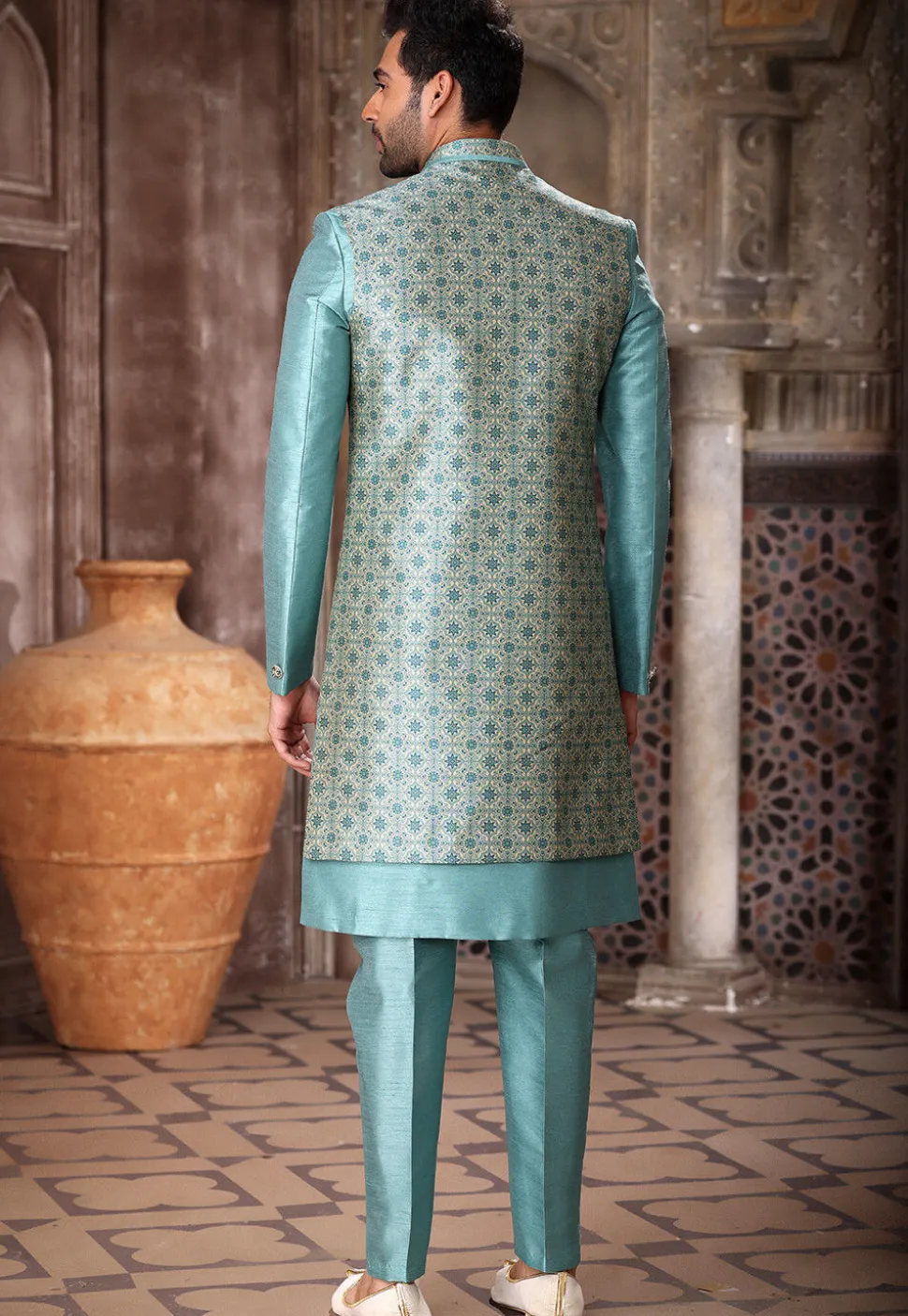 Digital Printed Art Silk Layered Sherwani in Sky Blue