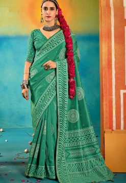 Digital Printed Art Silk Saree in Green