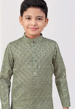 Digital Printed Art Silk Kurta Set in Olive Green