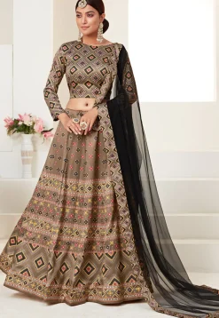Digital Printed Art Silk Lehenga in Beige