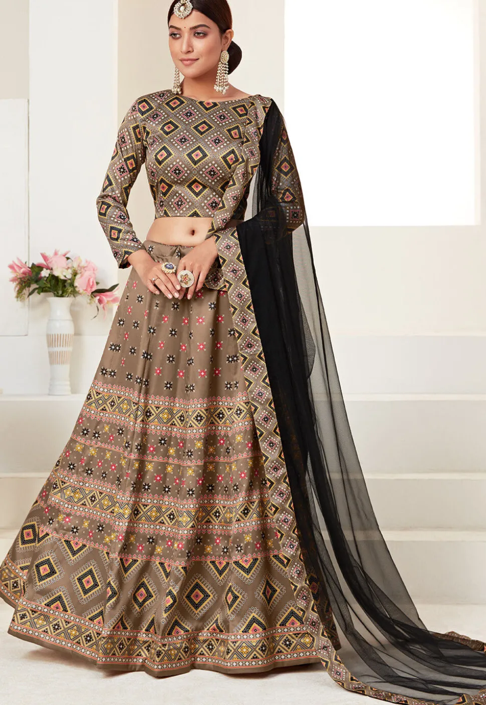 Digital Printed Art Silk Lehenga in Beige
