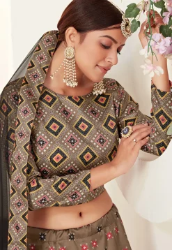 Digital Printed Art Silk Lehenga in Beige