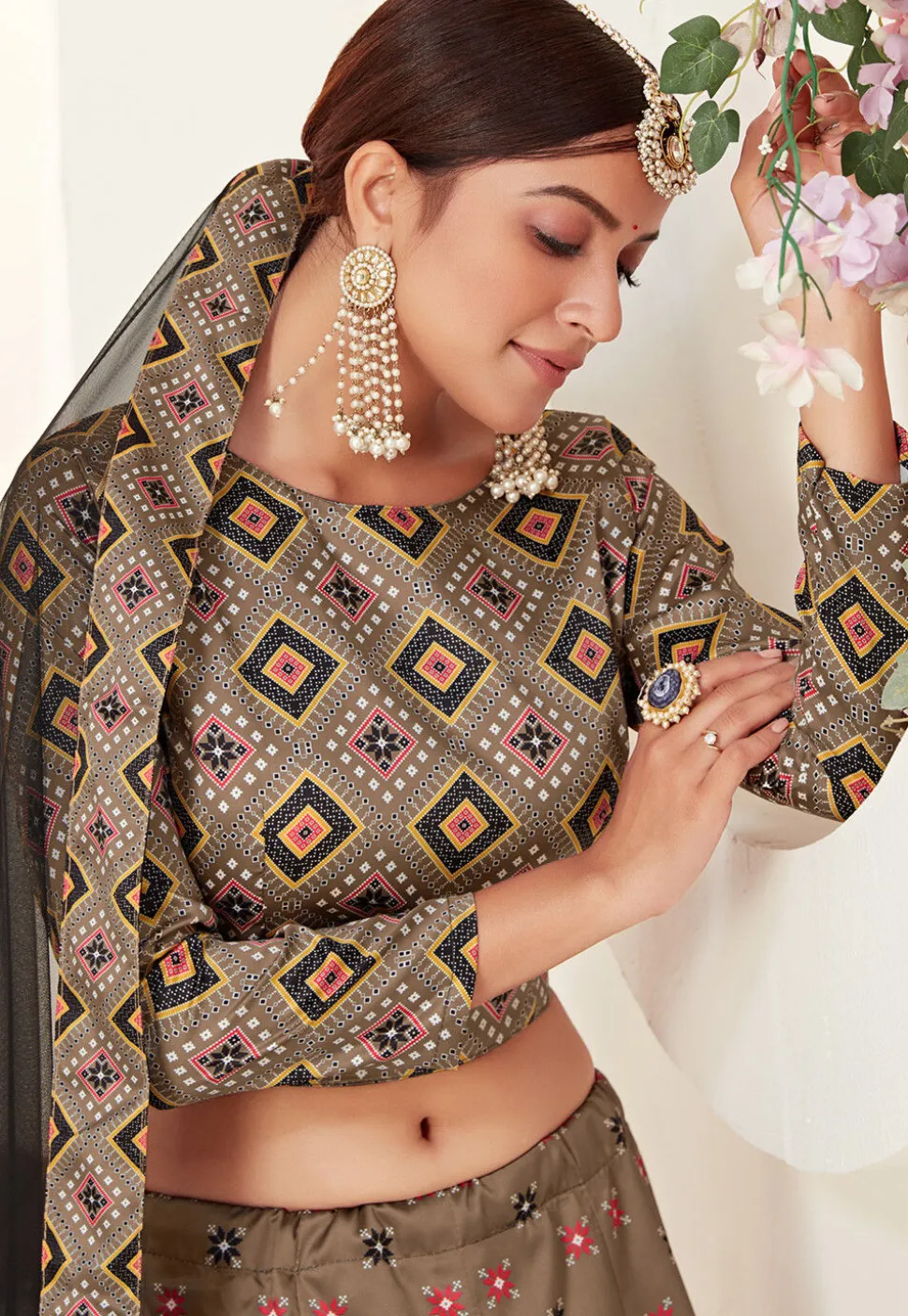 Digital Printed Art Silk Lehenga in Beige