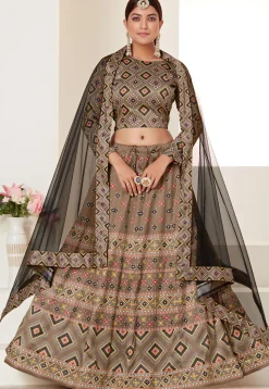 Digital Printed Art Silk Lehenga in Beige