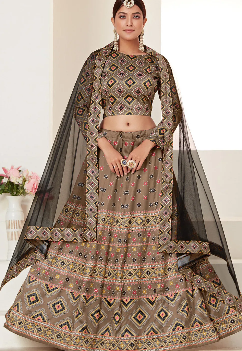 Digital Printed Art Silk Lehenga in Beige