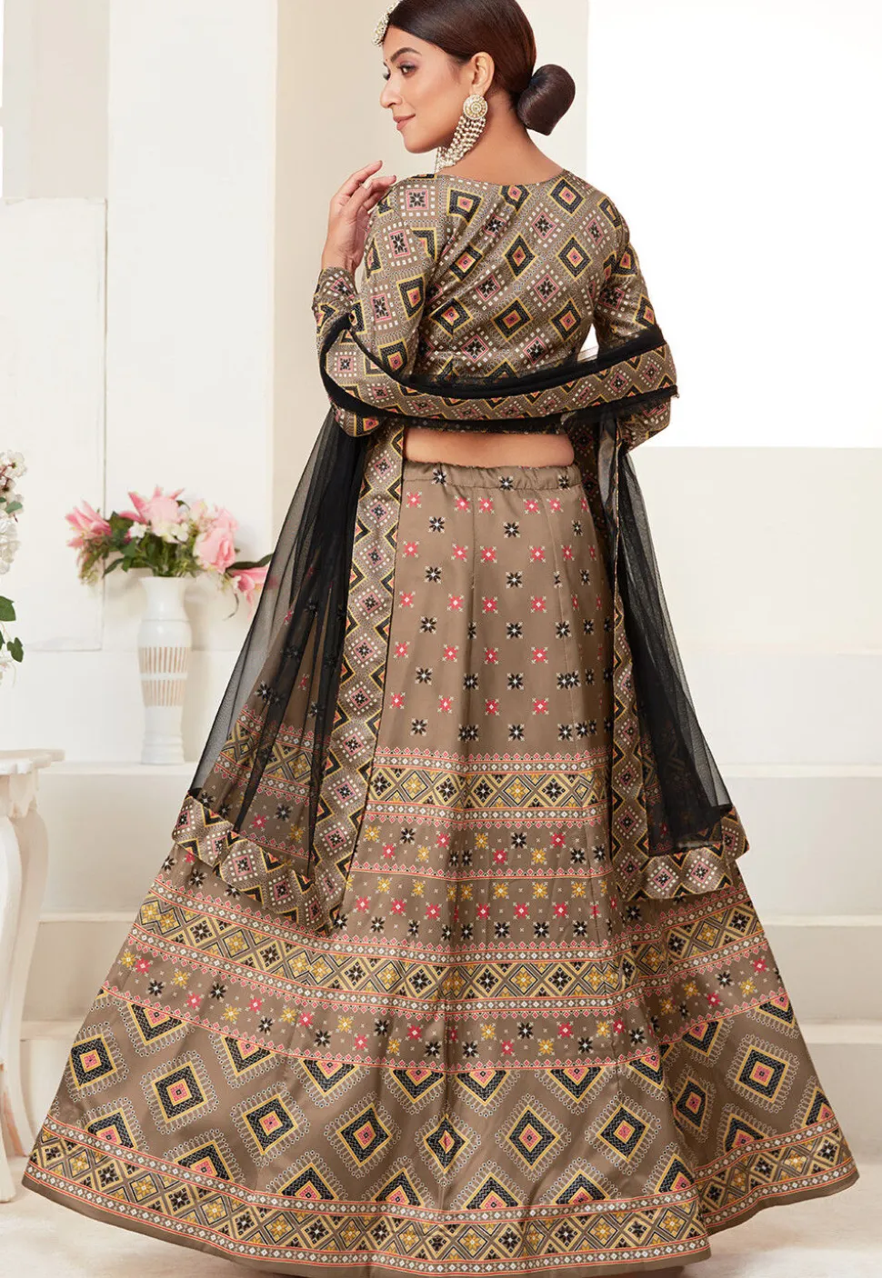 Digital Printed Art Silk Lehenga in Beige