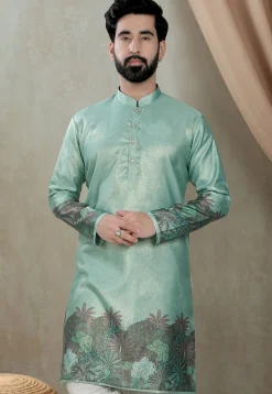 Digital Printed Art Silk Kurta in Teal Green