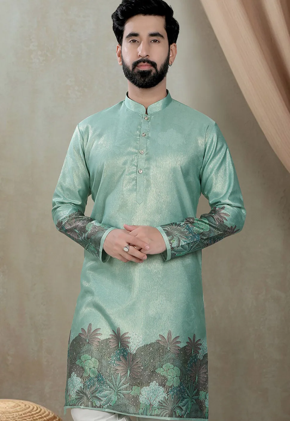 Digital Printed Art Silk Kurta in Teal Green