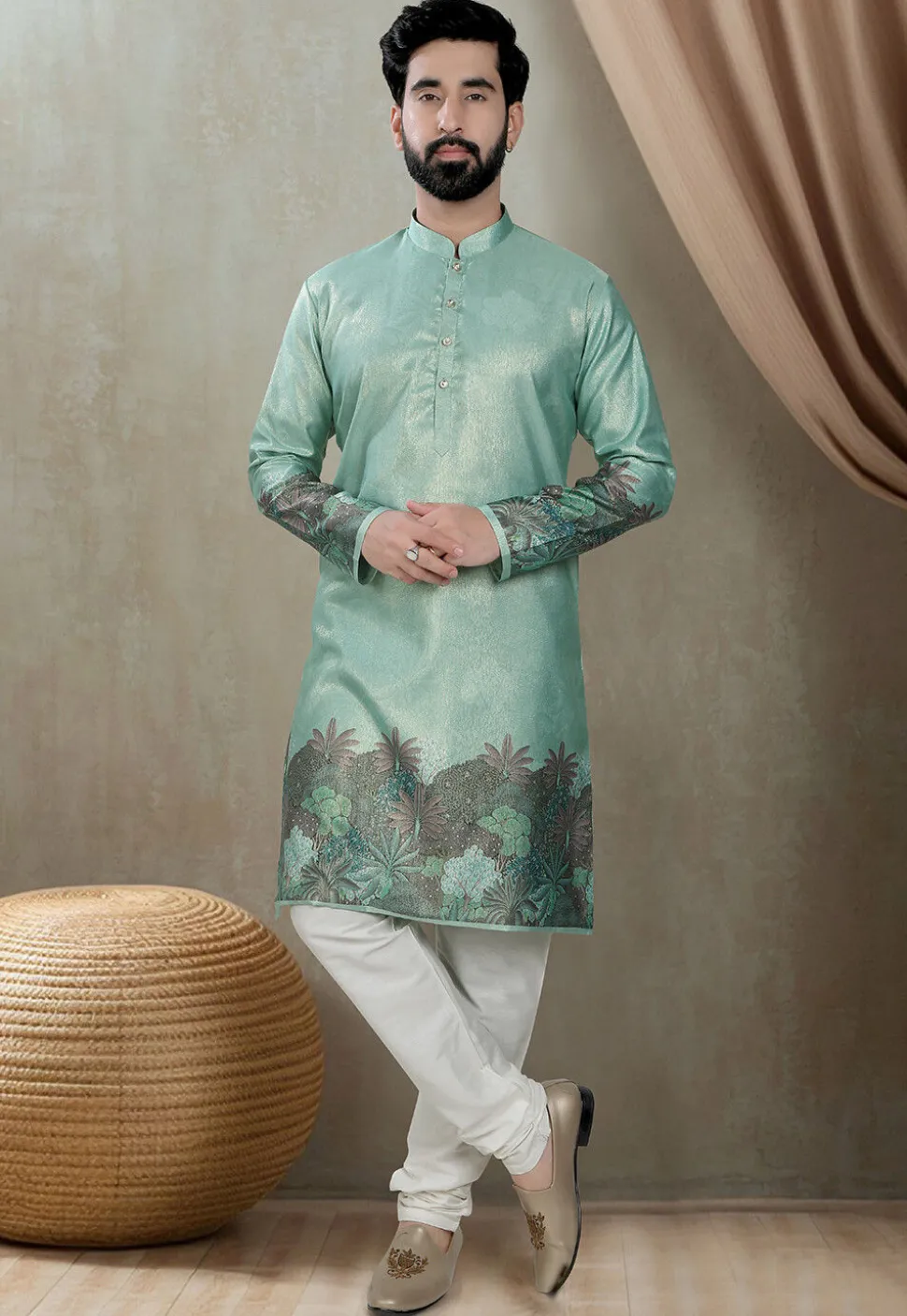 Digital Printed Art Silk Kurta in Teal Green