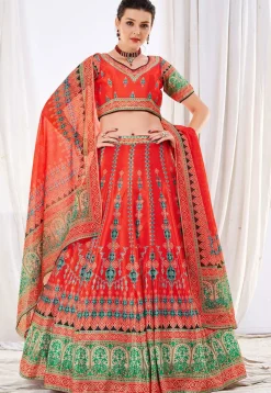 Digital Printed Art Silk Lehenga in Red