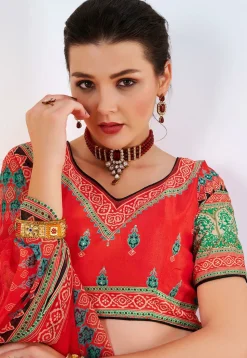 Digital Printed Art Silk Lehenga in Red