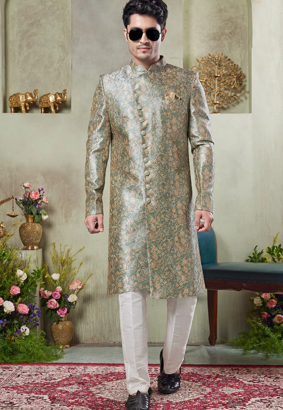 Digital Printed Art Silk Sherwani in Green