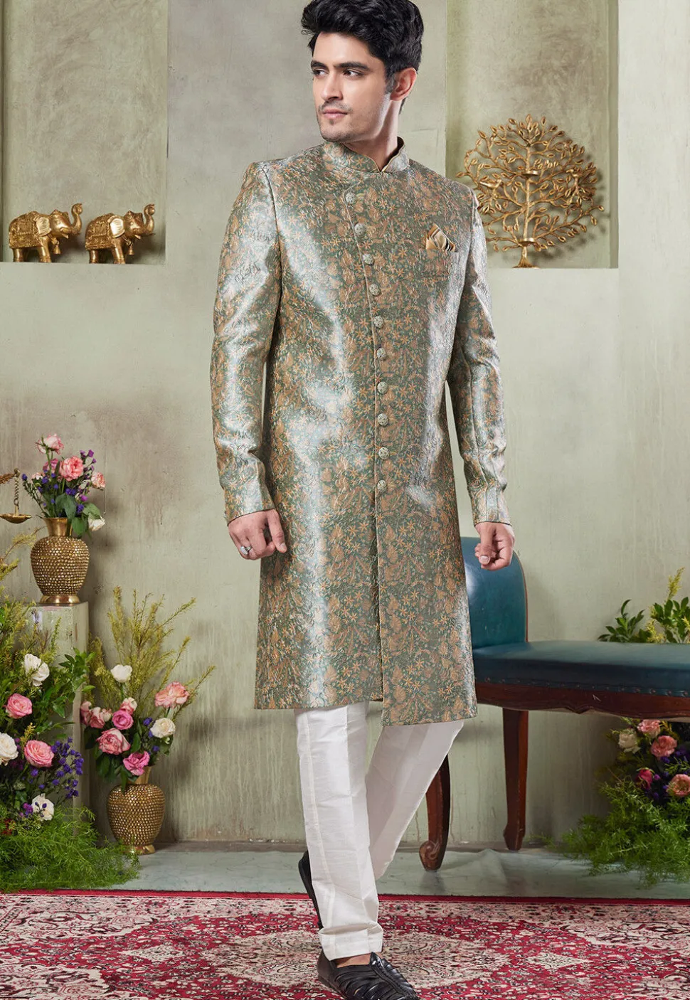 Digital Printed Art Silk Sherwani in Green