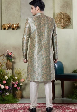 Digital Printed Art Silk Sherwani in Green