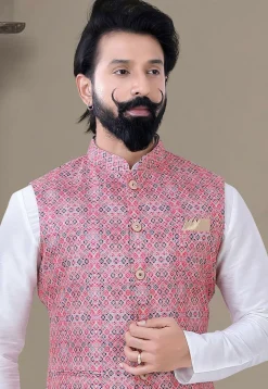 Digital Printed Art Silk Kurta Set in Off White