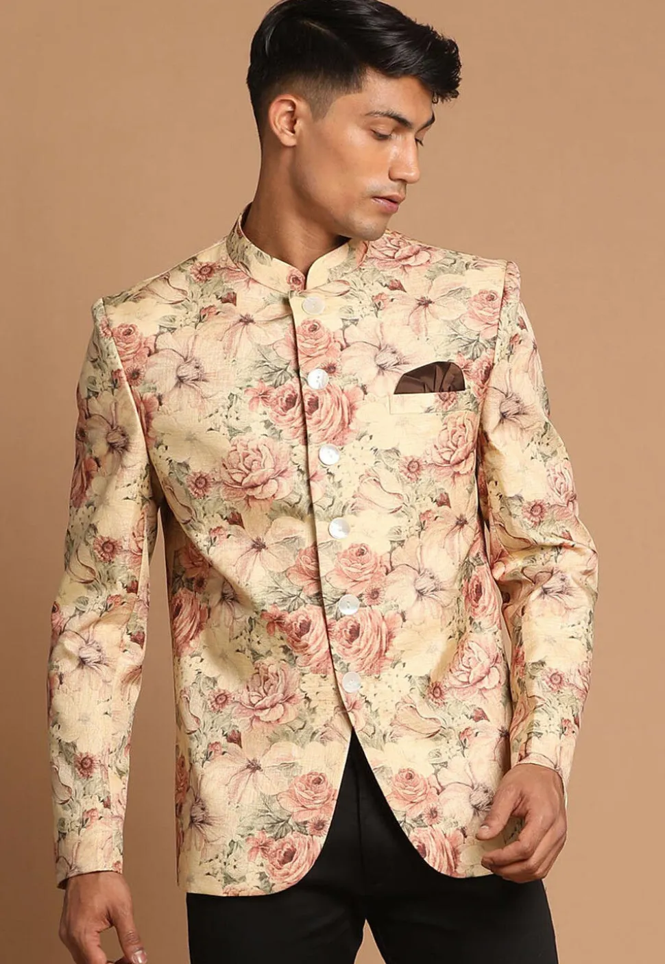 Digital Printed Art Silk Jodhpuri Jacket in Beige