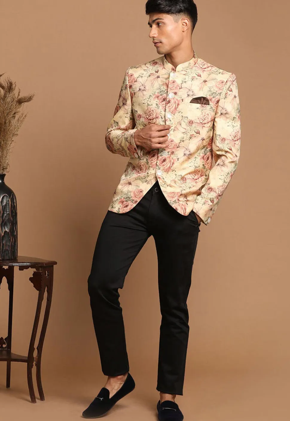 Digital Printed Art Silk Jodhpuri Jacket in Beige