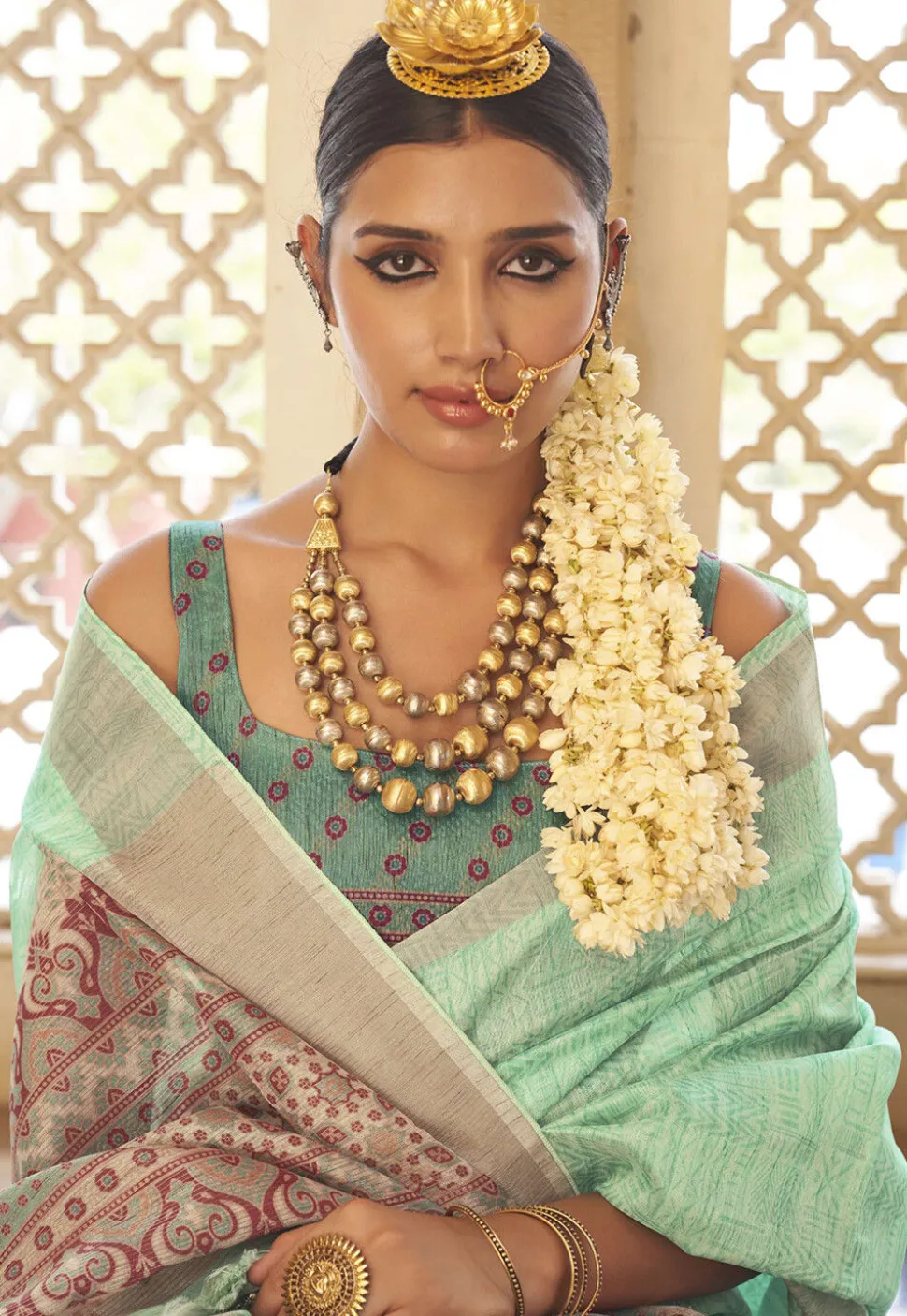 Digital Printed Art Silk Saree in Sea Green