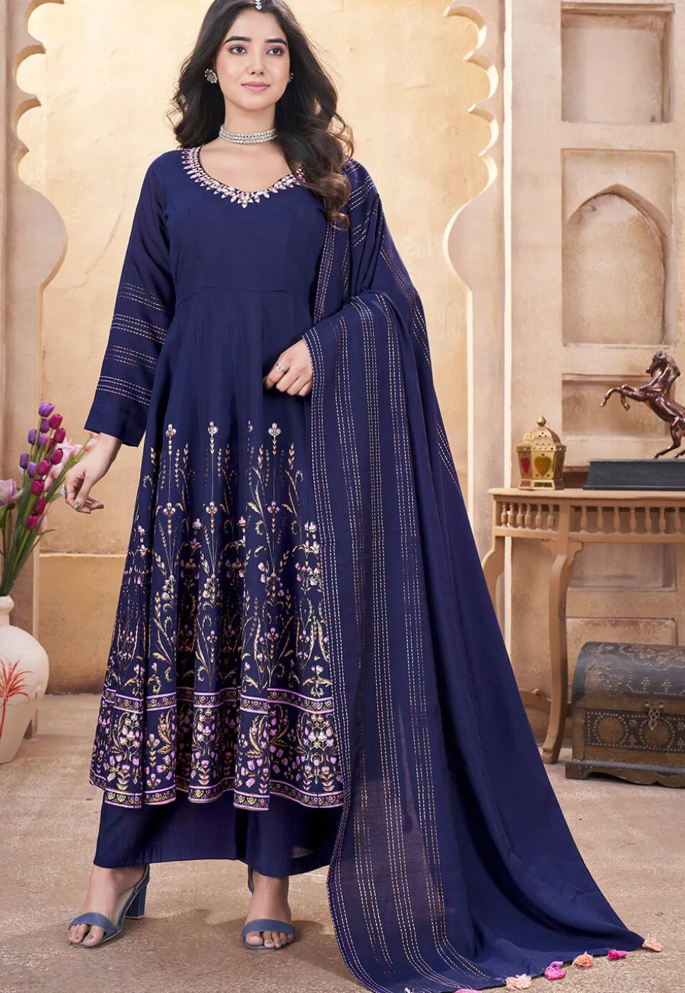 Digital Printed Art Silk Anarkali Suit in Navy Blue