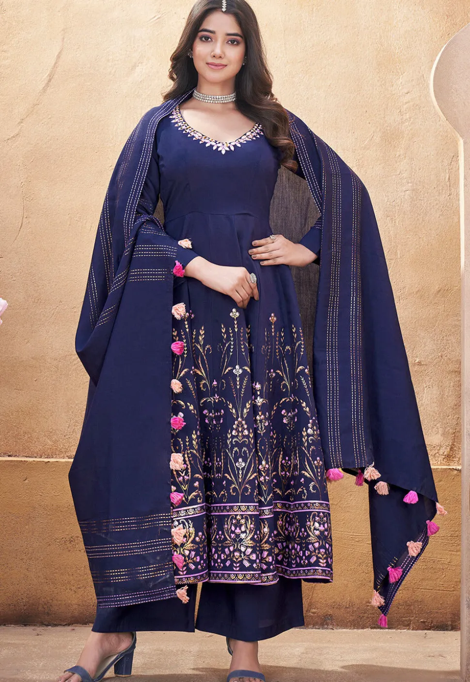 Digital Printed Art Silk Anarkali Suit in Navy Blue