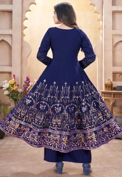 Digital Printed Art Silk Anarkali Suit in Navy Blue