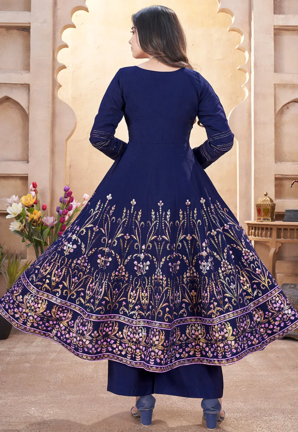 Digital Printed Art Silk Anarkali Suit in Navy Blue