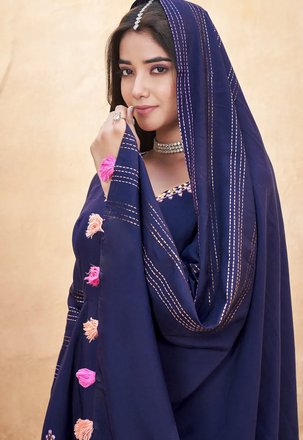 Digital Printed Art Silk Anarkali Suit in Navy Blue