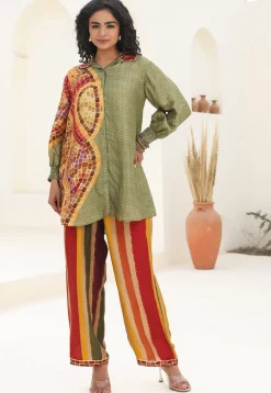 Digital Printed Art Silk Tunic Set in Green