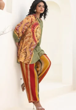 Digital Printed Art Silk Tunic Set in Green