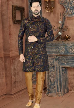 Digital Printed Art Silk Sherwani in Black