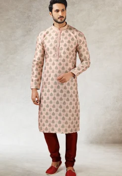 Digital Printed Art Silk Kurta Set in Peach