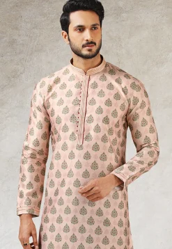 Digital Printed Art Silk Kurta Set in Peach