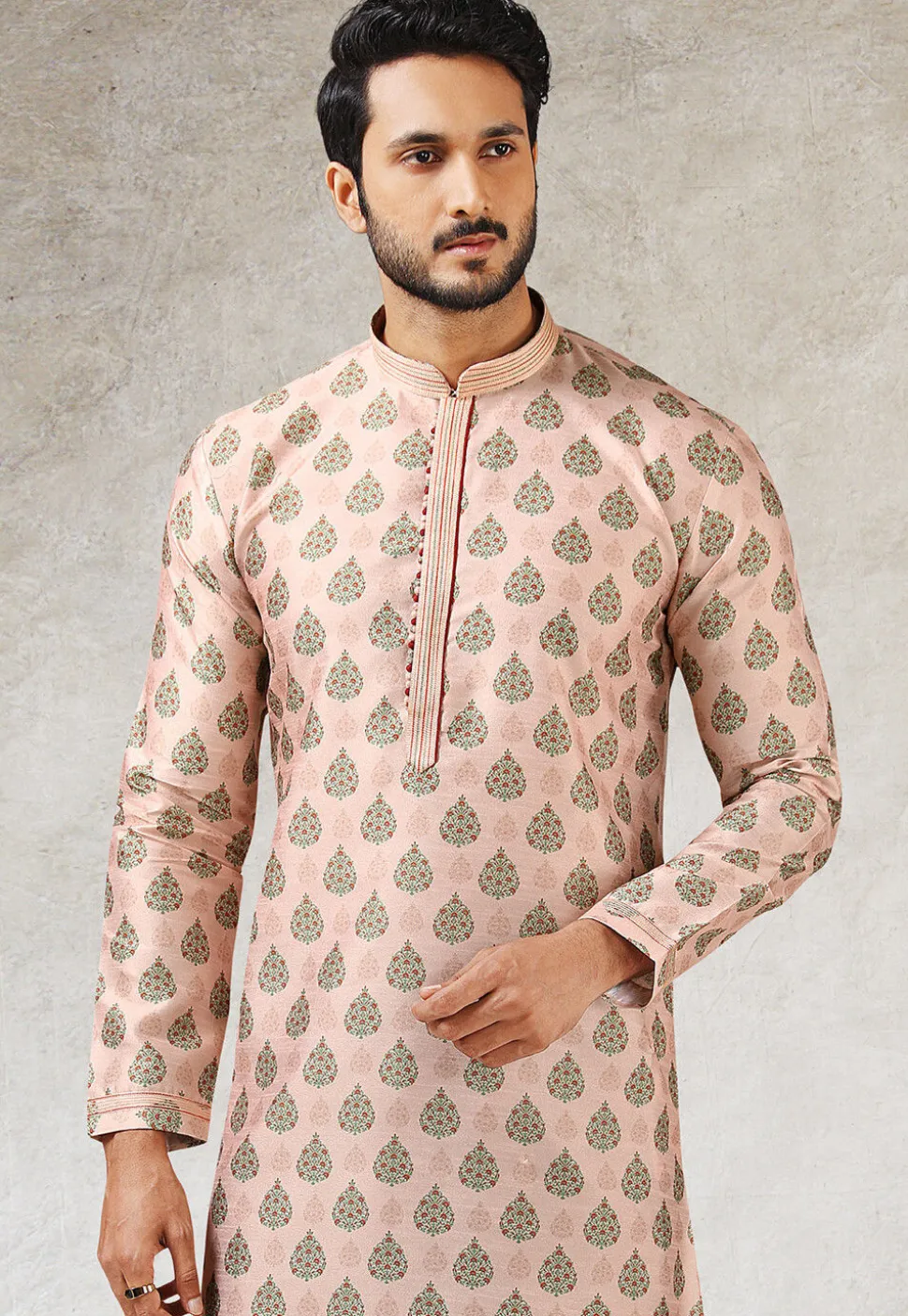 Digital Printed Art Silk Kurta Set in Peach